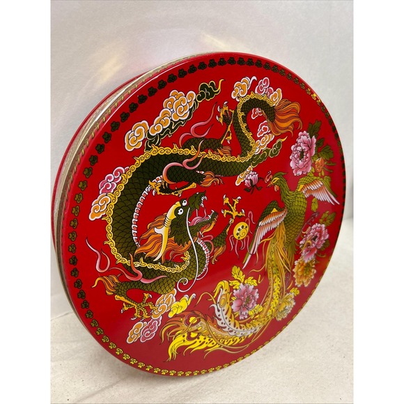 Vintage Asian Scene Dragon & Phoenix Flowers Red Gold Round Tin Biscuit Box - Picture 2 of 8